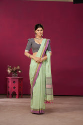 Alikam Khadi Cotton saree in Ice Blue with white slub texture -(SA-077) - Dakshin Weaves
